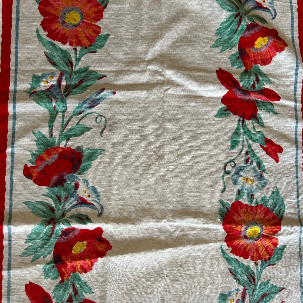 Vtg Kitchen Towel or Dresser Scarf Mid Century Mod  Floral Red Aqua Yellow